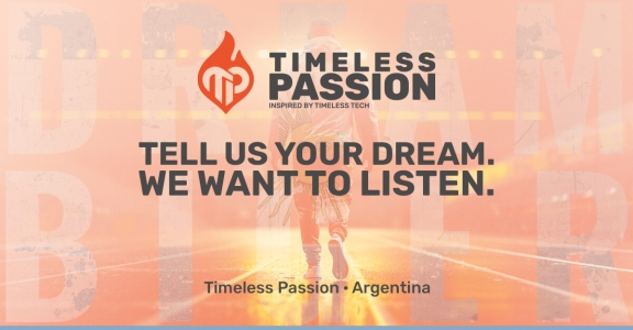 Timeless Passion Dare to Dream Argentina banner featuring an athlete running on a track with the message “Tell Us Your Dream. We Want to Listen.”