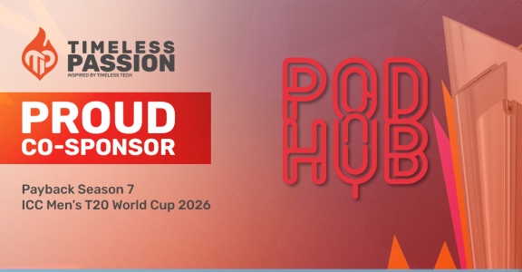 Timeless Passion banner announcing co-sponsorship of Payback Season 7 during the ICC Men’s T20 World Cup 2026