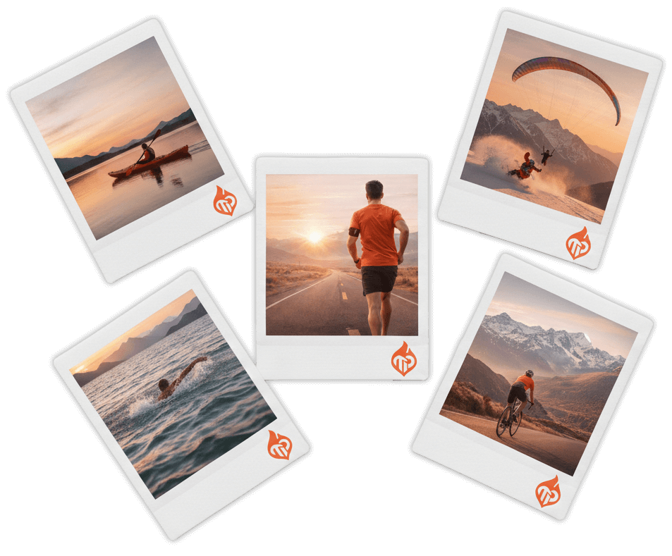 Fulfill Your Solo Adventure Sports Dreams in Argentina A collage of five polaroid-style photos featuring solo athletes in Argentina: a kayaker at sunset, a long-distance runner on an open road, a paraglider over snowy mountains, a swimmer in open water, and a cyclist on a mountain pass.