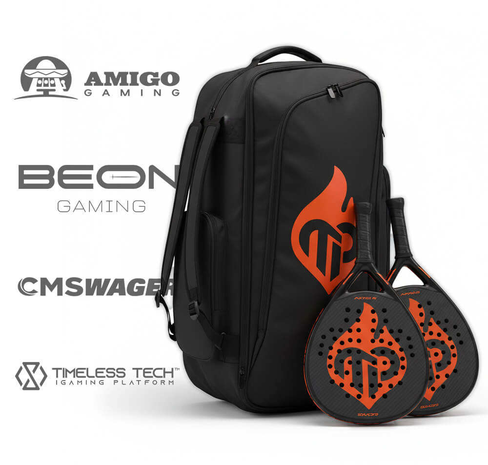 Timeless Passion Padel Gear & Sponsors for ICE Barcelona Event Tournament prize rackets, bag, and logos for sponsors Amigo Gaming, Beon Gaming, CMSWager, and Timeless Tech at the ICE Barcelona 2026 Padel event.