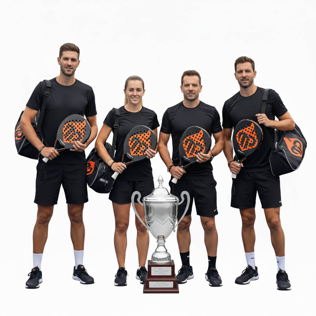 Timeless Passion Padel Tournament Champions & Trophy Four professional players with padel rackets and bags celebrating by the main trophy at the Timeless Passion iGaming Networking Tournament before ICE Barcelona 2026.