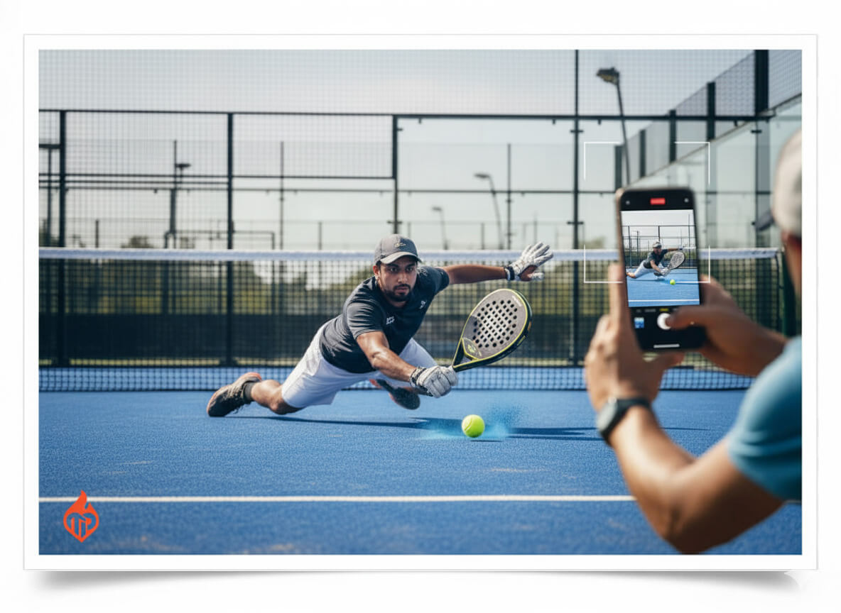 Player diving for a difficult shot on the blue court, capturing the competitive spirit of the Timeless Passion Padel Tournament for the iGaming community.